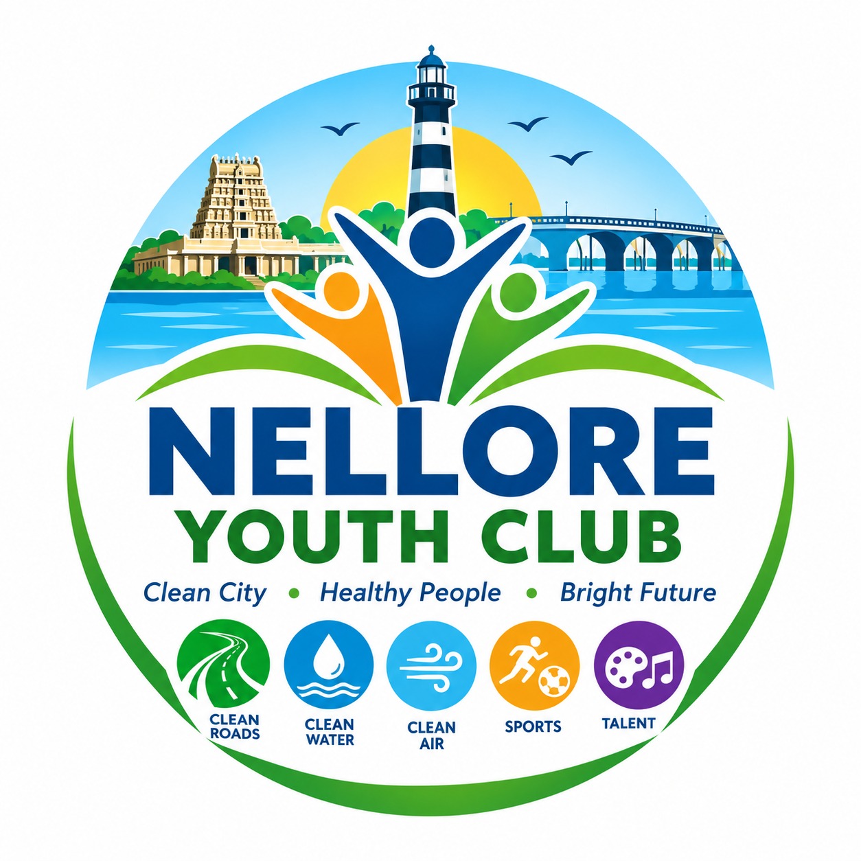 Nellore Youth Club logo: Clean City, Healthy People, Bright Future